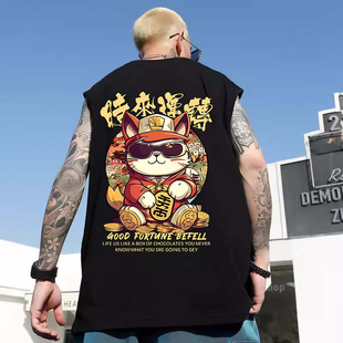 国潮大码背心男宽松中国风招财猫运动坎肩加肥胖子休闲无袖t恤夏