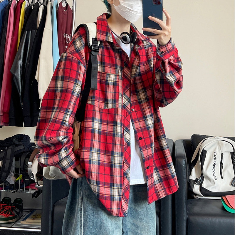 秋季红色格子长袖衬衫男宽松大码胖子美式复古休闲衬衣情侣外套衫