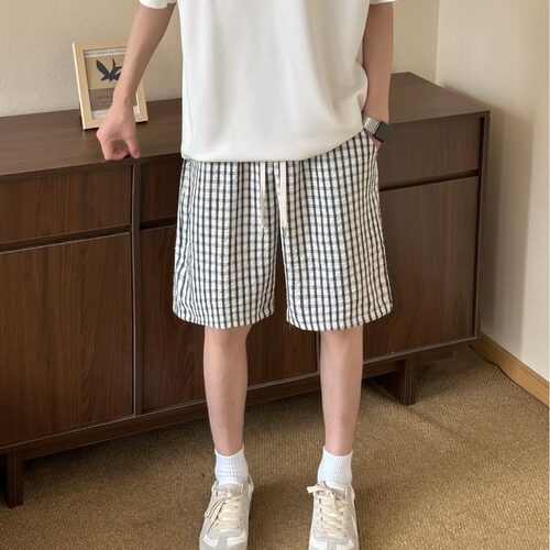 日系蓝色格子条纹休闲短裤男女夏季韩系慵懒风泡泡纱大码五分裤子