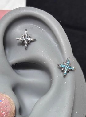 合金耳饰 爆闪蓝色锆石耳骨钉四芒星耳钉小众设计感甜酷风男女