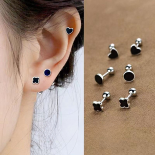 s925银四叶草耳钉女爱心圆形螺丝拧扣耳环小众设计睡觉免摘耳骨钉