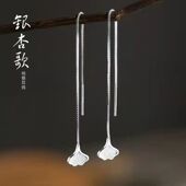 s925银银杏叶耳线方形耳钉女日韩极简约冷淡气质短几何方形耳环