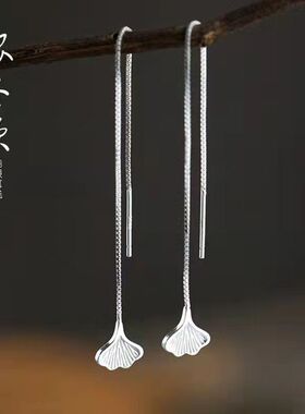 s925银银杏叶耳线方形耳钉女日韩极简约冷淡气质短几何方形耳环