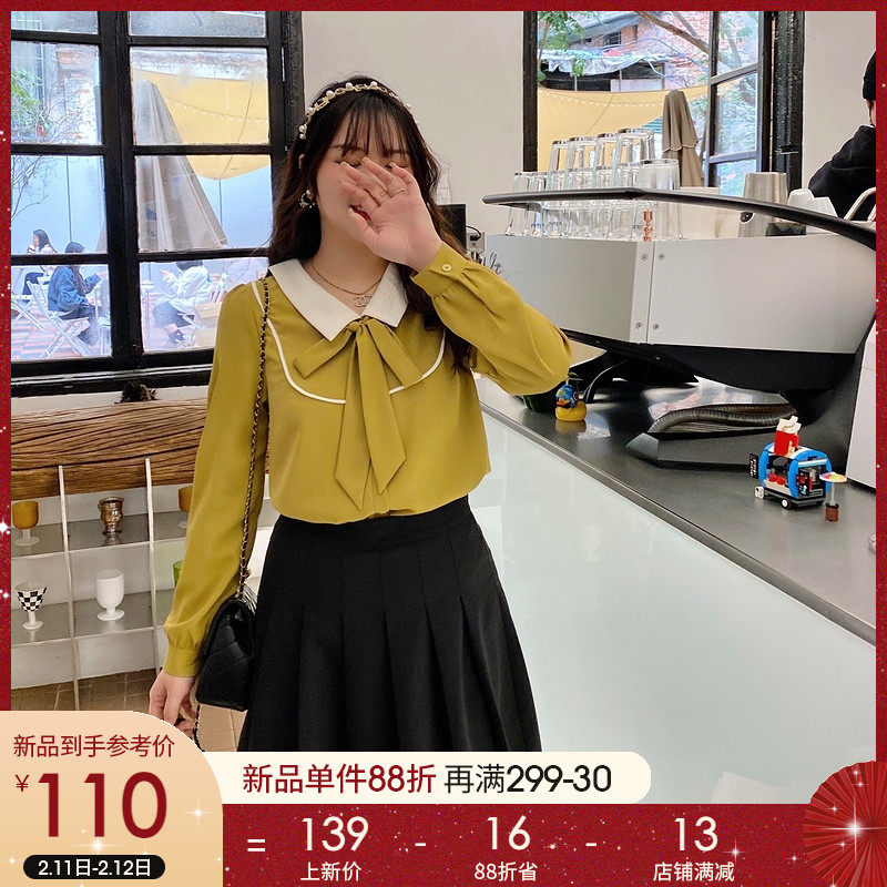 采多宝大码女装胖妹妹2022春季新款显瘦打底衫蝴蝶结拼色雪纺小衫