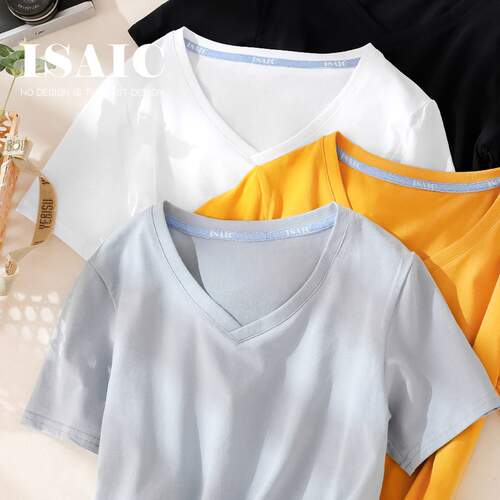白色v领短袖t恤女黑色休闲设计感