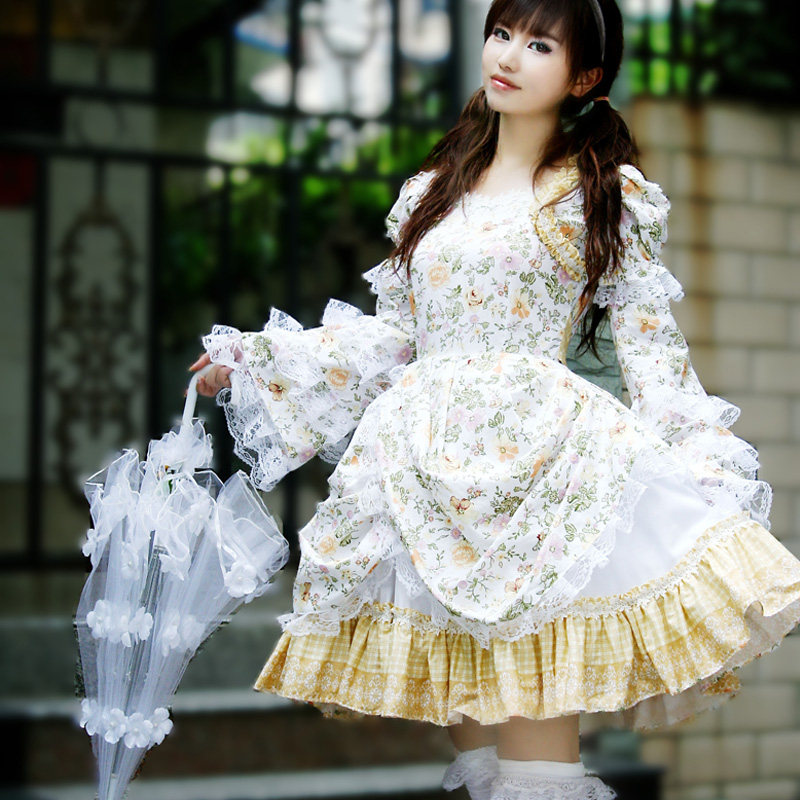 七坊原创洛丽塔lolita长袖连衣裙OP蕾丝蝴蝶结碎花连衣裙 五月花