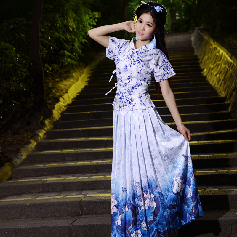 ◆七七坊◆国风汉服元素汉韵时装常服半臂短袖上衣长裙 青瓷荷韵