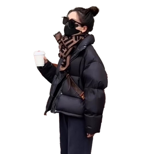 黑色短款羽绒服女小个子2024冬季新韩版加厚宽松白鸭绒面包服外套