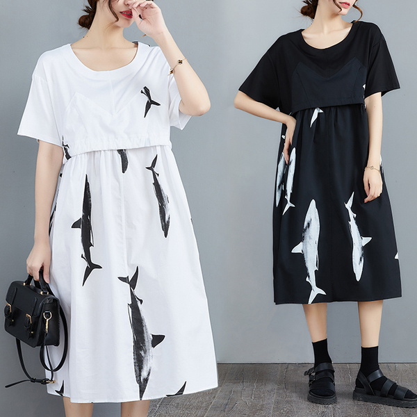 KM12307#韩版时尚宽松大码海豚图案印花腰带显瘦拼接连衣裙