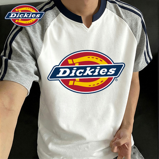 Dickies帝酷适v领短袖t恤男士夏季2026新款青少年撞色条纹上衣服