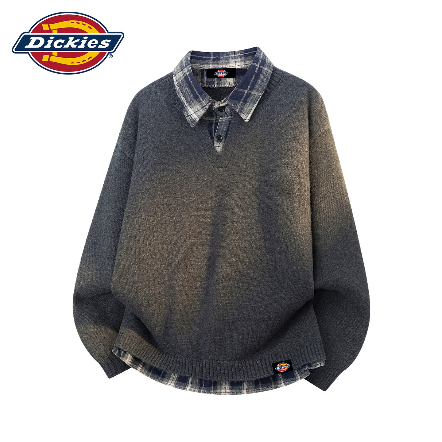 Dickies假两件格子拼接翻领毛衣