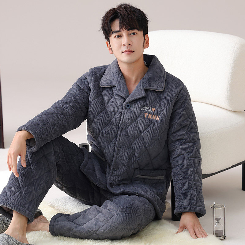 睡衣男款冬季珊瑚绒三层加绒加厚夹棉秋冬款法兰绒男士家居服冬天