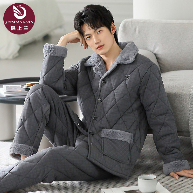 睡衣男士冬季加厚纯棉秋冬款超厚三层保暖夹棉2025新款男款家居服