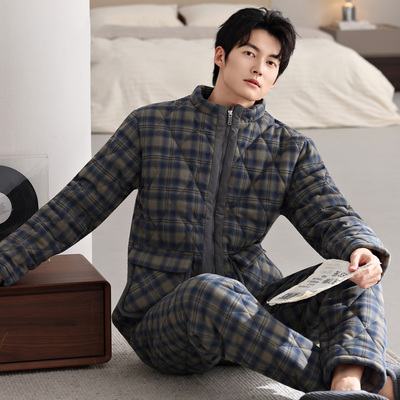 睡衣男士冬季三层加厚加绒纯棉夹棉秋冬保暖防静电冬天高领家居服