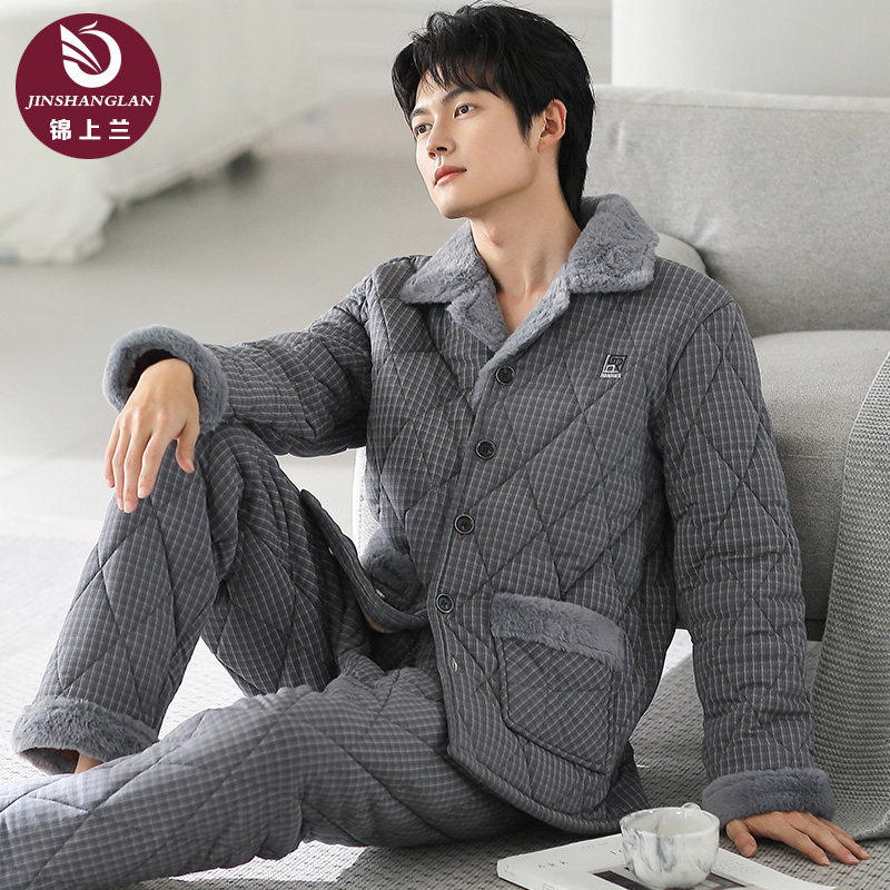 睡衣男士冬季加厚纯棉秋冬款超厚三层保暖夹棉2025新款男款家居服