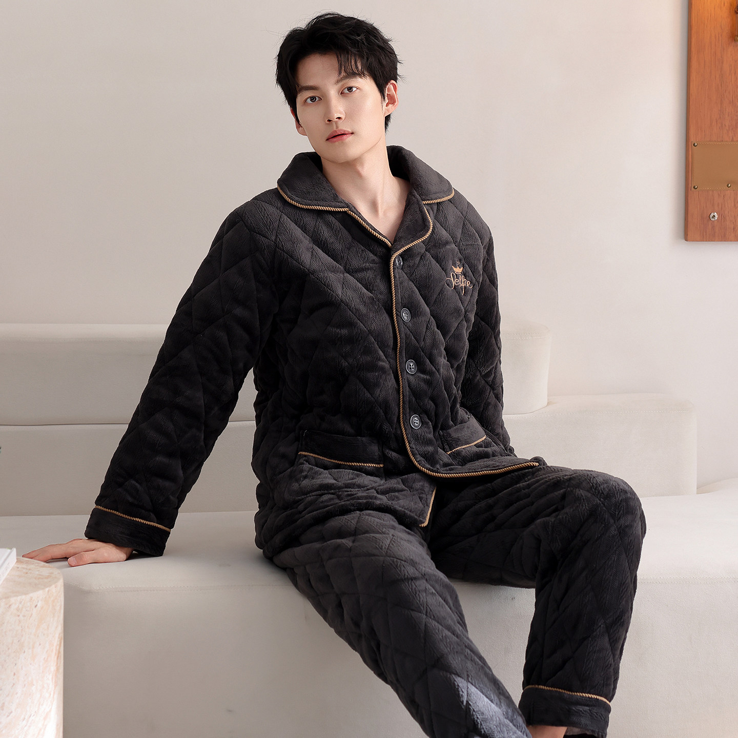 加肥加大码中老年睡衣男士冬季加厚加绒三层夹棉珊瑚绒保暖家居服