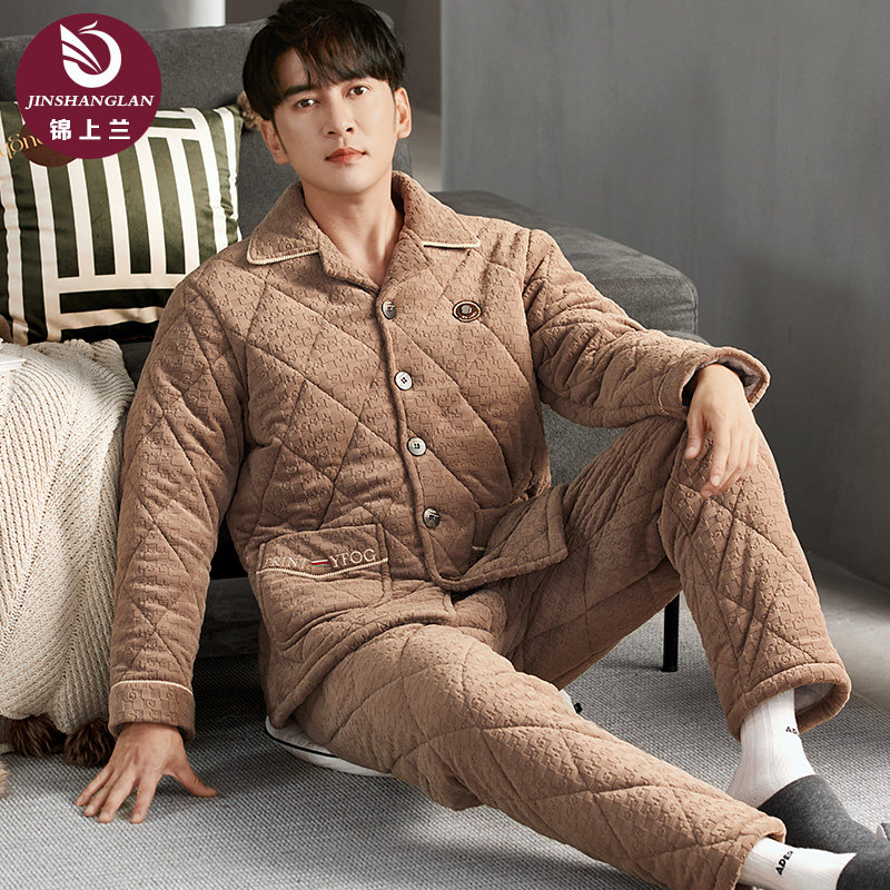 睡衣男冬季珊瑚绒三层加厚加绒夹棉2025新款两件套中年爸爸家居服