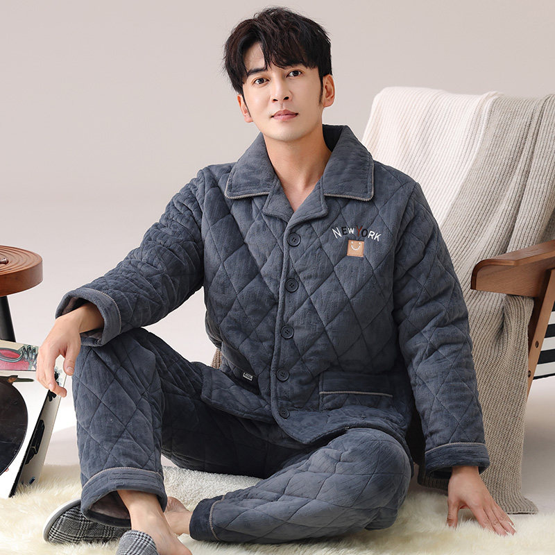 海岛绒男士睡衣男款秋冬季加绒加厚三层夹棉珊瑚绒保暖家居服套装