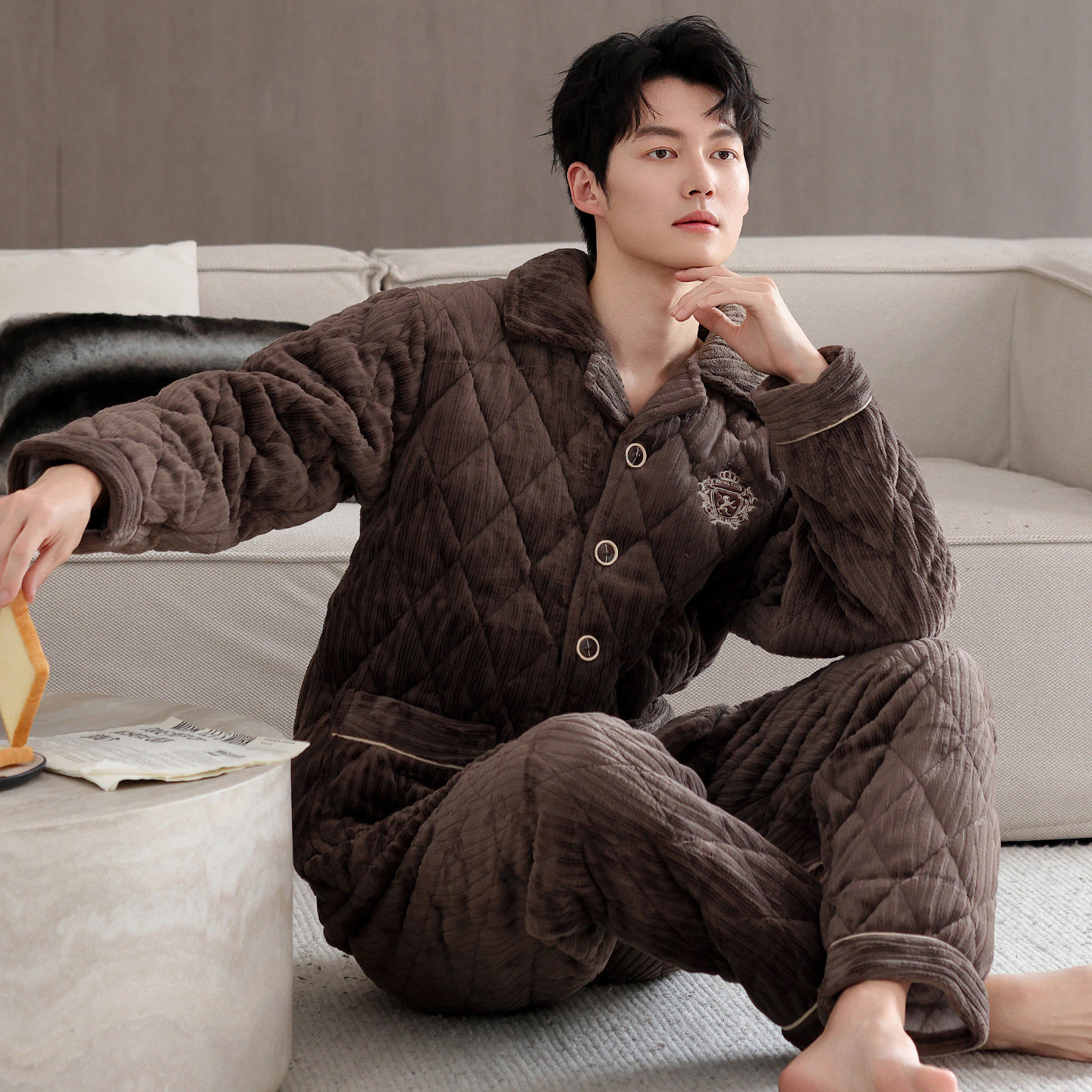 睡衣男士冬季珊瑚绒三层加厚加绒夹棉袄男款秋冬款超厚爸爸家居服