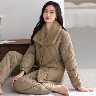 睡衣女冬季珊瑚绒三层加厚加绒夹棉袄秋冬款羽绒棉服高级感家居服
