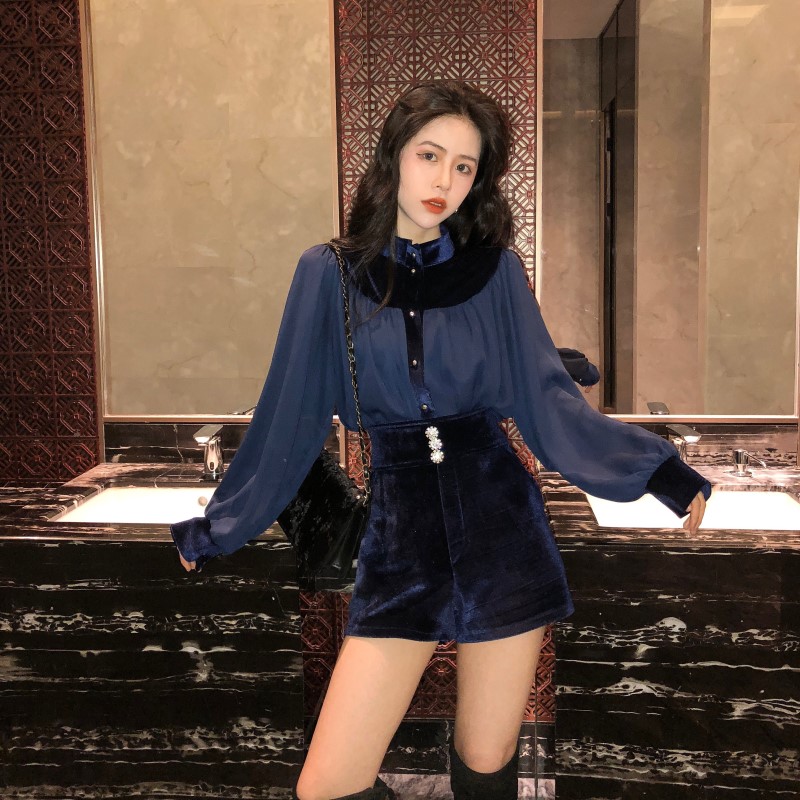 复古套装女港风秋冬季立领丝绒拼接衬衫+高腰阔腿短裤时尚两件套