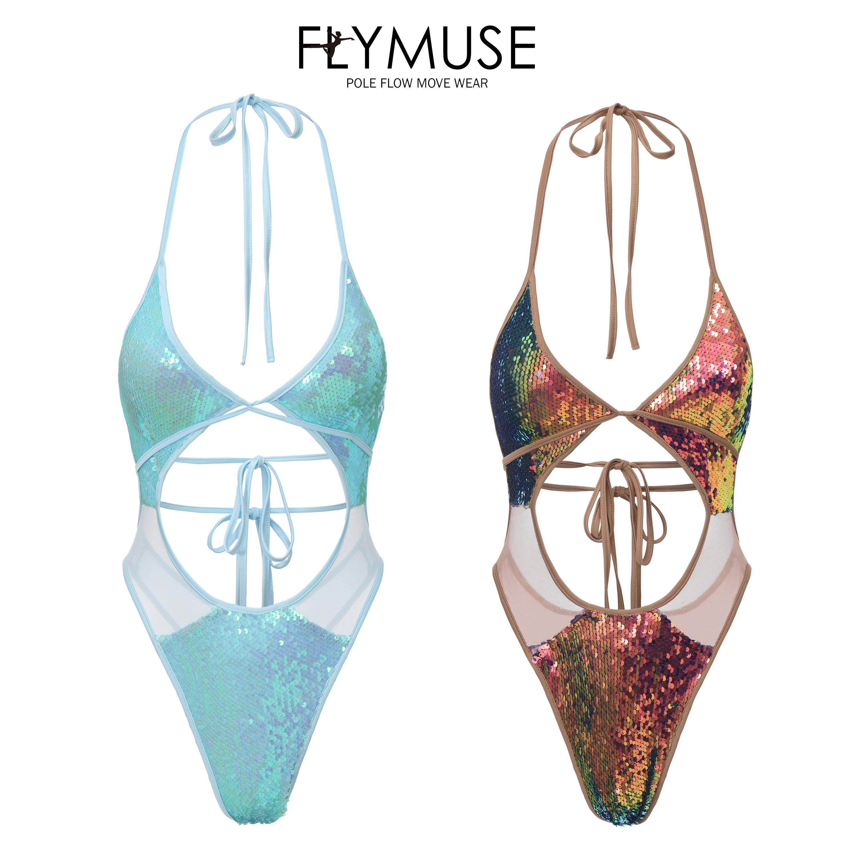 FLYMUSE演出舞蹈亮片sequin连体衣比基尼泳装钢管舞服polewear图片