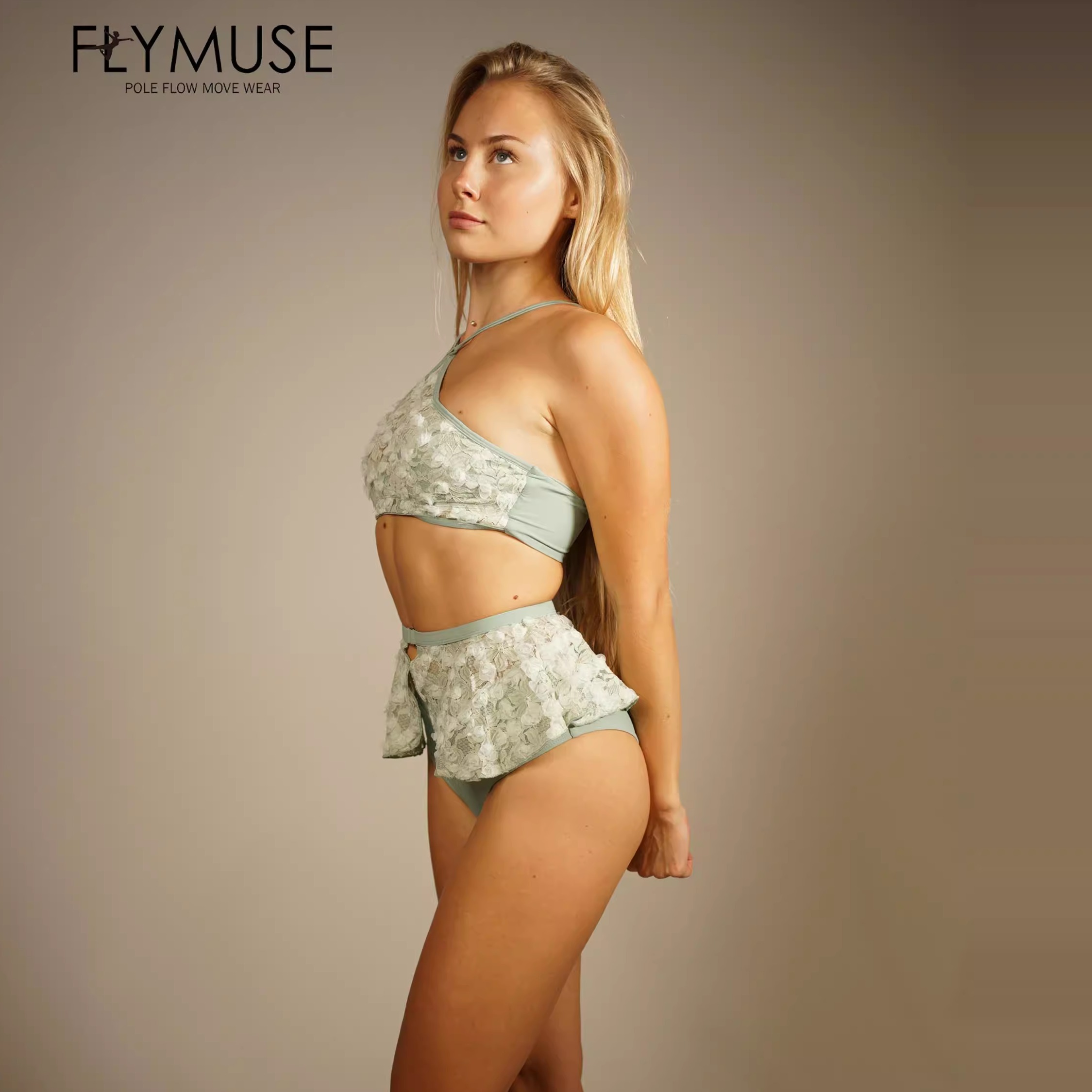 FLYMUSE夏天花朵蕾丝性感运动瑜伽泳衣钢管舞蹈上衣裤子polewear