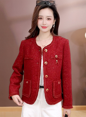 红色小香风短外套2026春秋款今年流行高级感显高显瘦穿搭圆领上衣