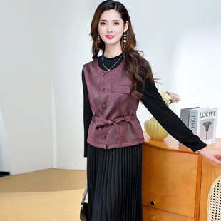 2025春秋新款时尚套装女气质减龄显瘦洋气皮马甲上衣连衣裙两件套