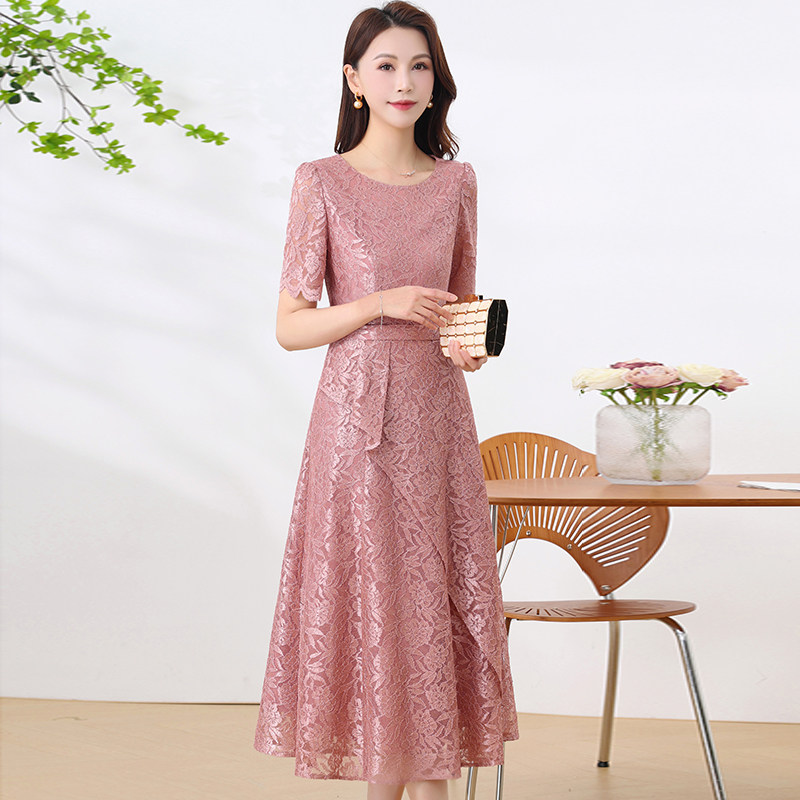 粉色礼服妈妈遮肚显瘦连衣裙