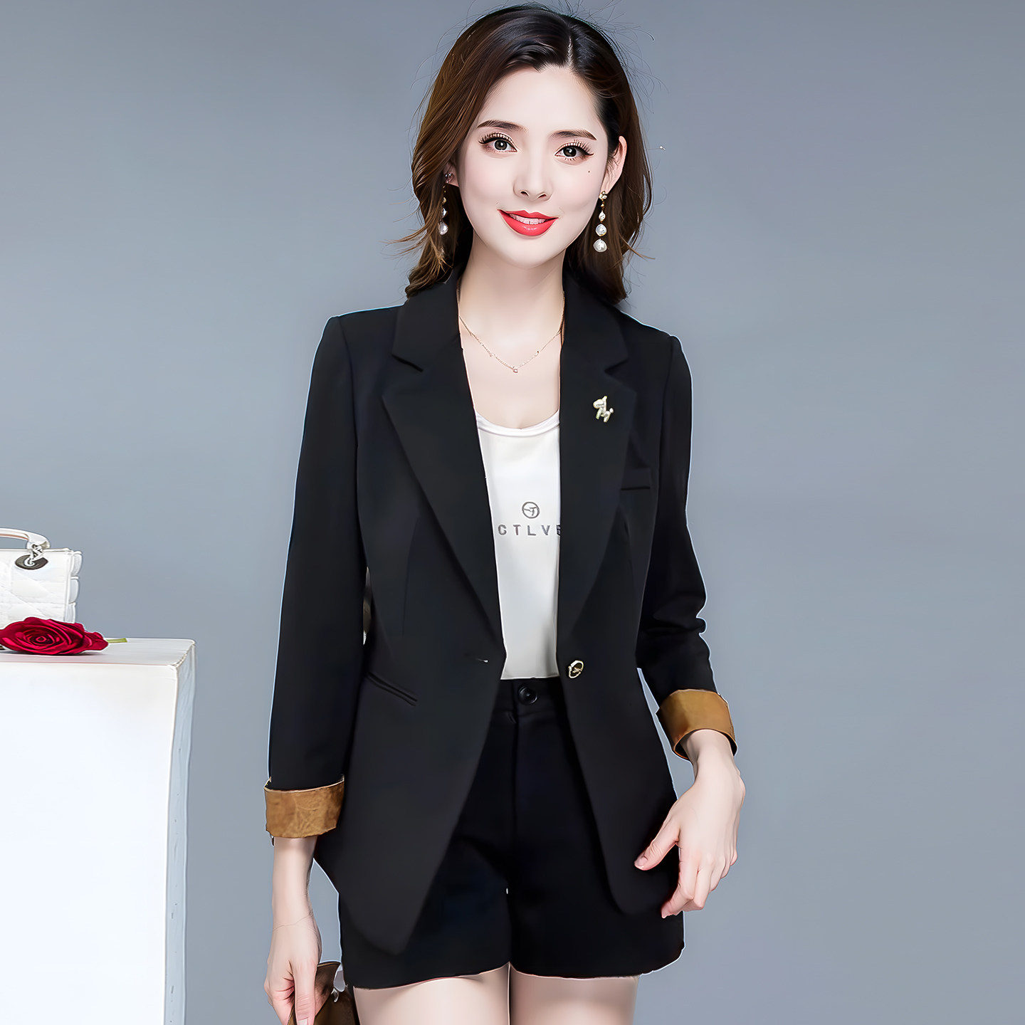 御姐黑色显瘦百搭小西装外套女
