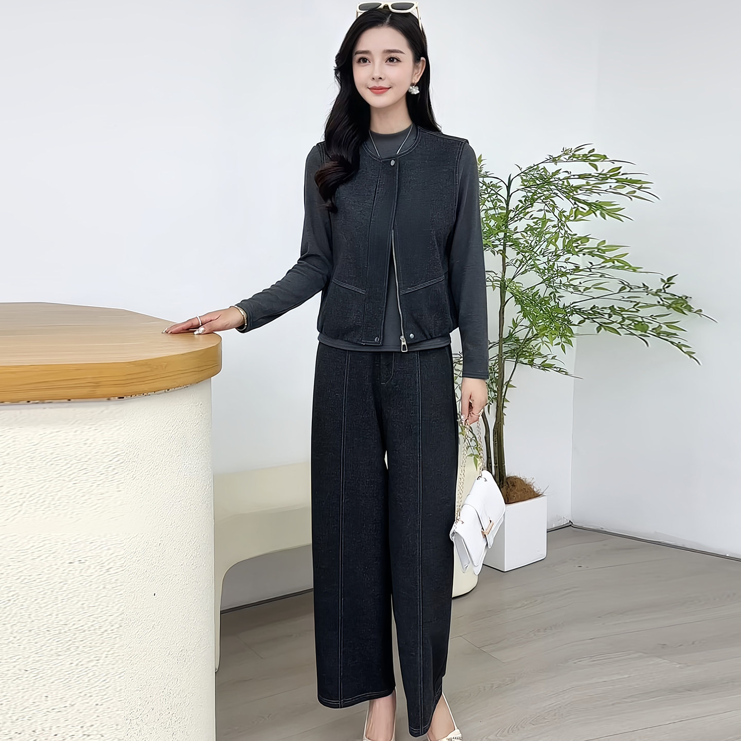 御姐风减龄显瘦马甲三件套裤女