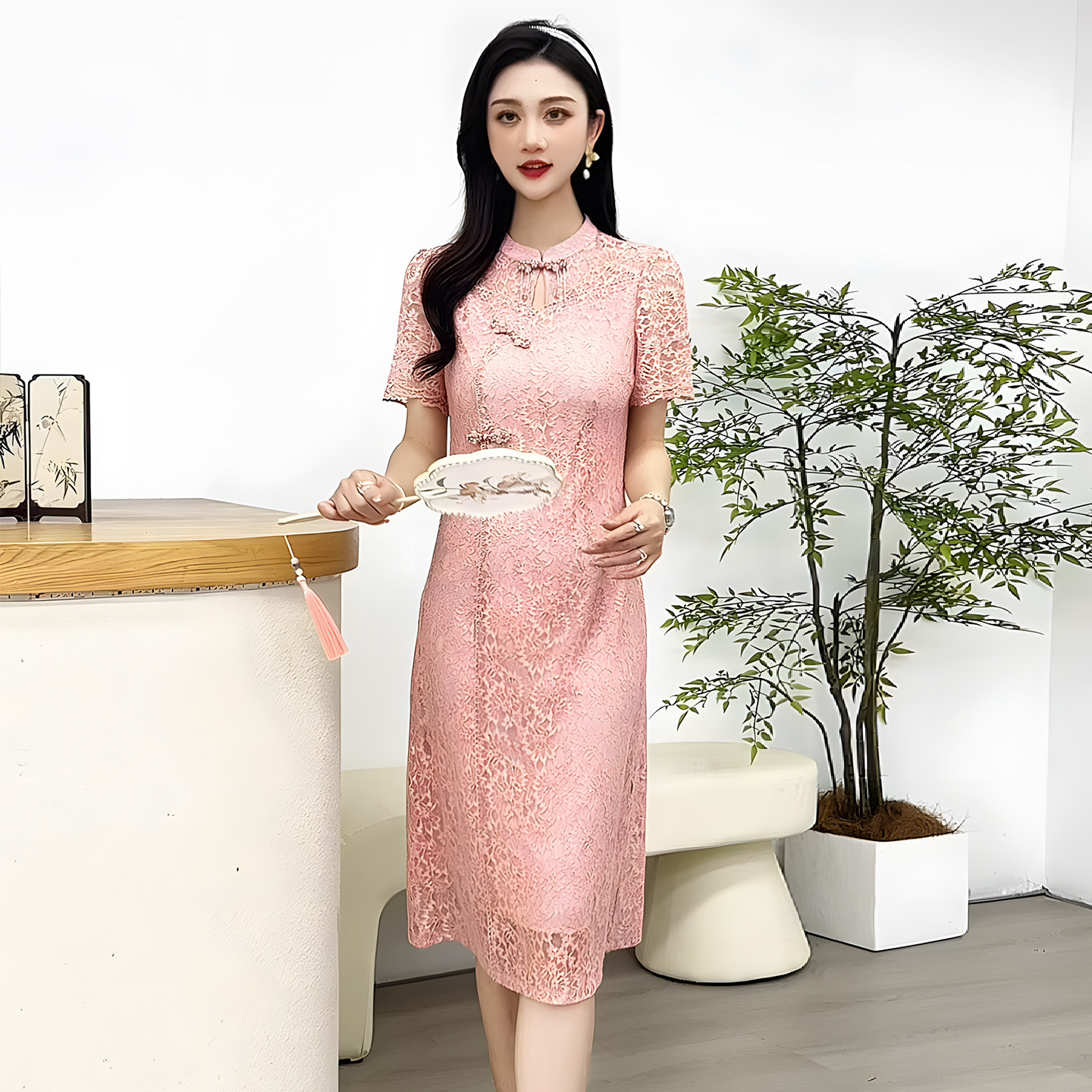 2026夏装新款淑女蕾丝旗袍连衣裙气质减龄显瘦修身阔太太遮肚裙