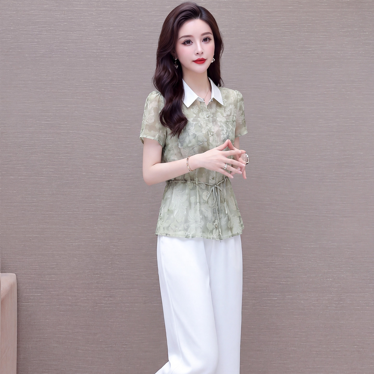 气质淡绿色衬衫套装女夏季新款时尚减龄高端御姐风宽松显瘦两件套