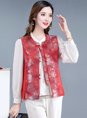 新中式风立领单排扣红色马甲女短款显瘦百搭中式背心新年春秋季潮