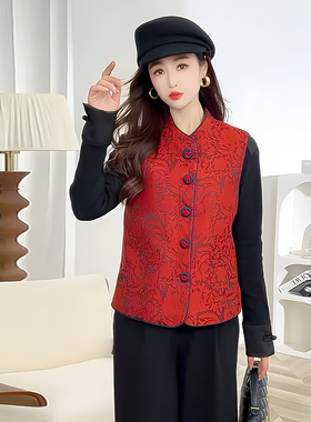 新中式国风风立领单排扣红色马甲女短款显瘦百搭背心2026春秋季潮