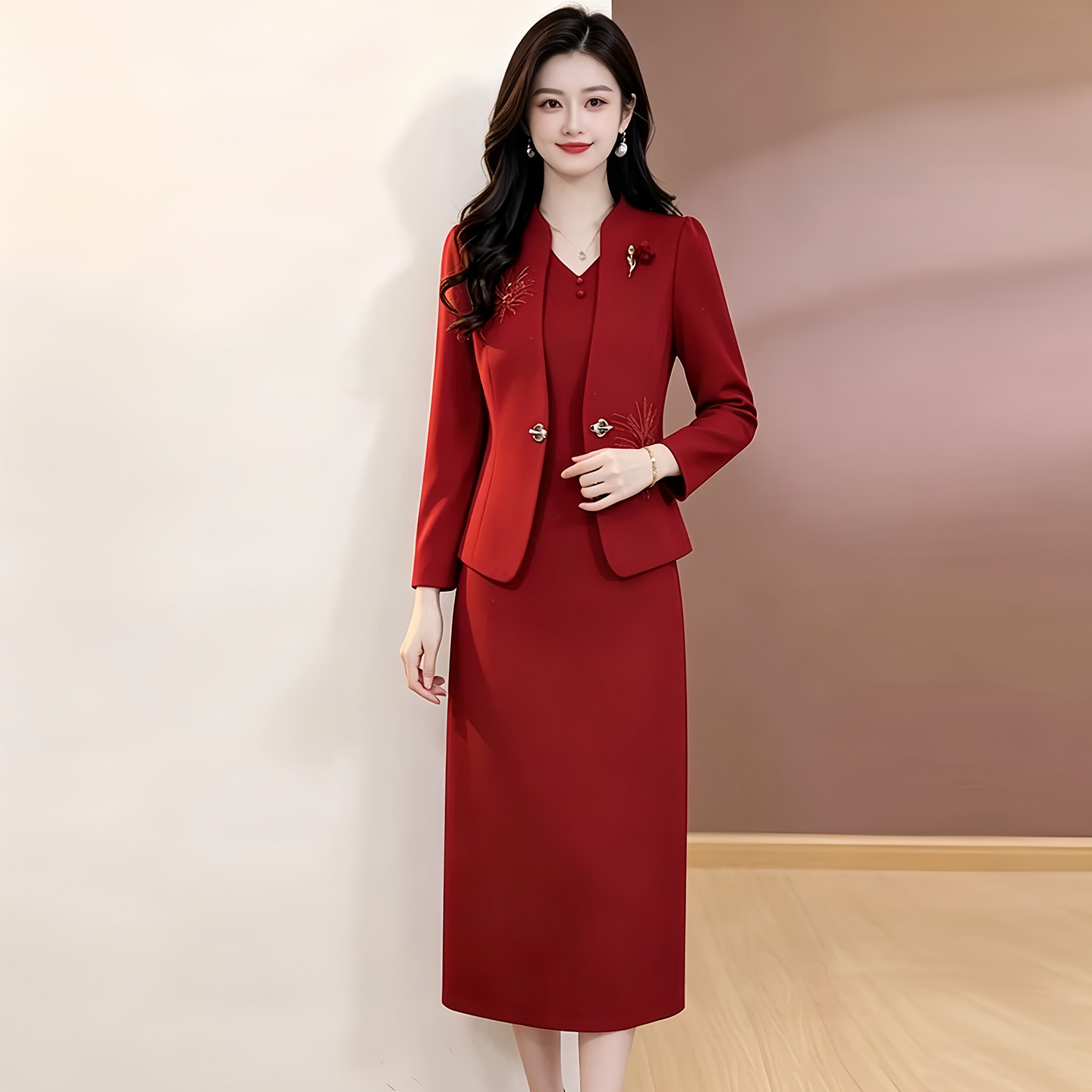 红色喜庆修身显瘦妈妈礼服套装