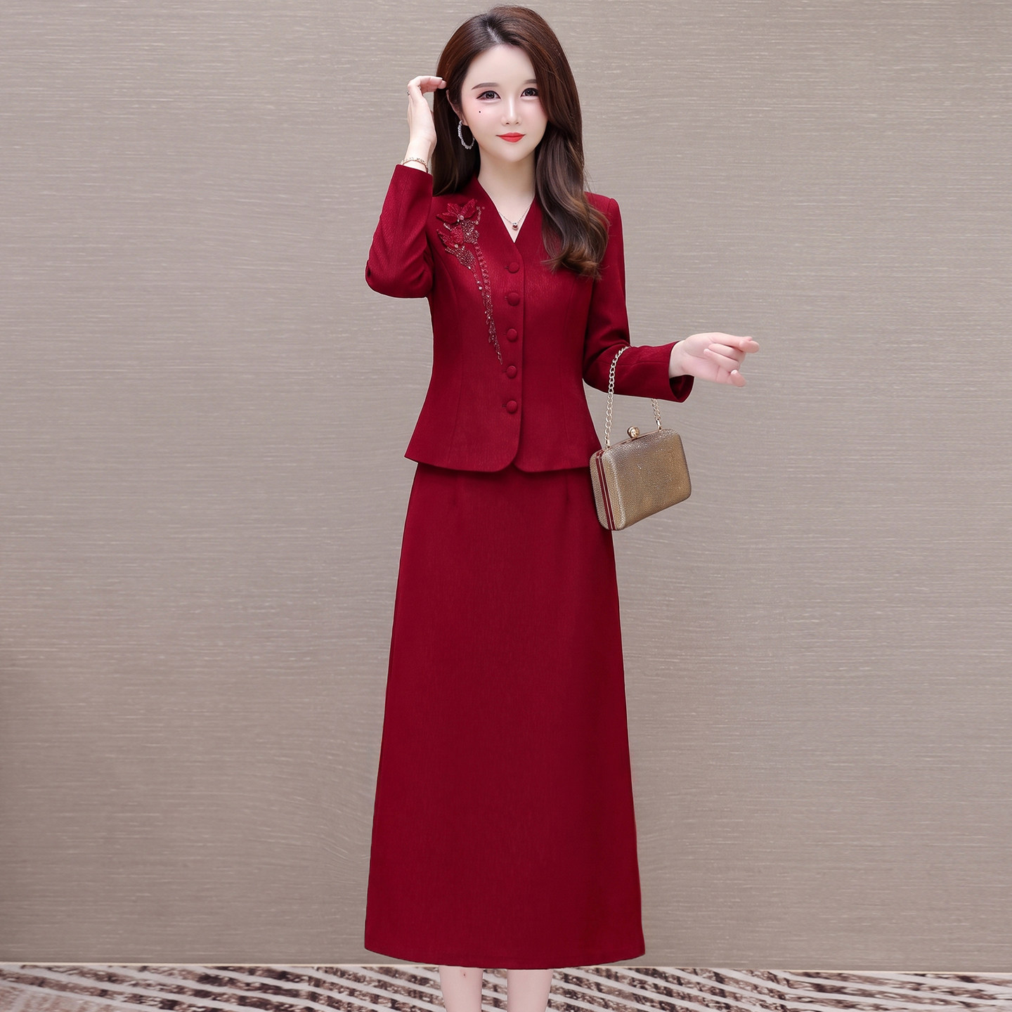 2026春秋红色修身显瘦礼服套装