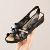 中年人女鞋 妈妈凉鞋 坡跟高级感防水防滑软底舒适百搭鱼嘴鞋 子镂空