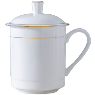 陶瓷带盖茶杯骨瓷描金水杯办公杯景德镇杯子家用大容量定制会议杯