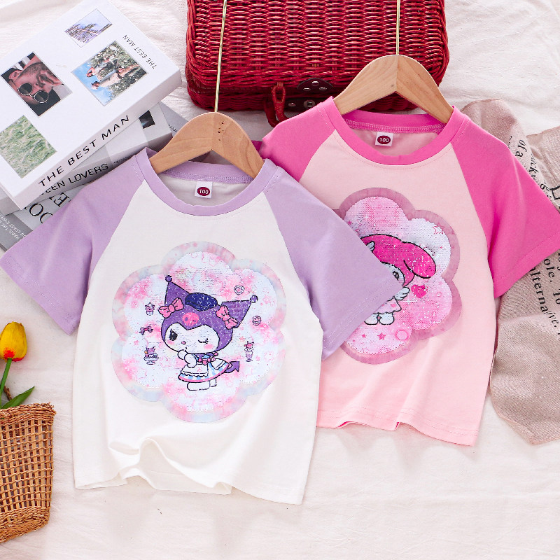 女童纯棉变色亮片短袖t恤 26夏小女孩宝宝儿童装卡通半袖打底上衣