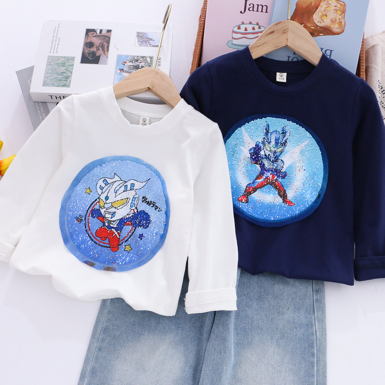 儿童纯棉变色亮片奥特曼长袖T恤 男童衣服春秋款小男孩打底衫上衣