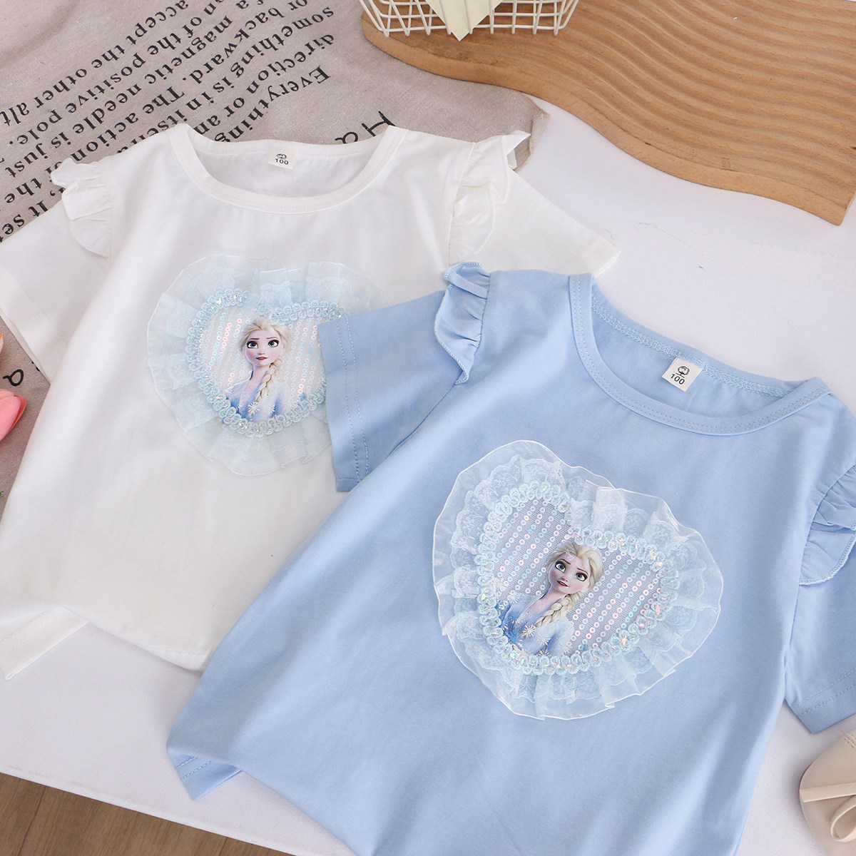 女童纯棉飞袖短袖t恤 26夏季新款小女孩宝宝儿童装半袖体恤衫上衣