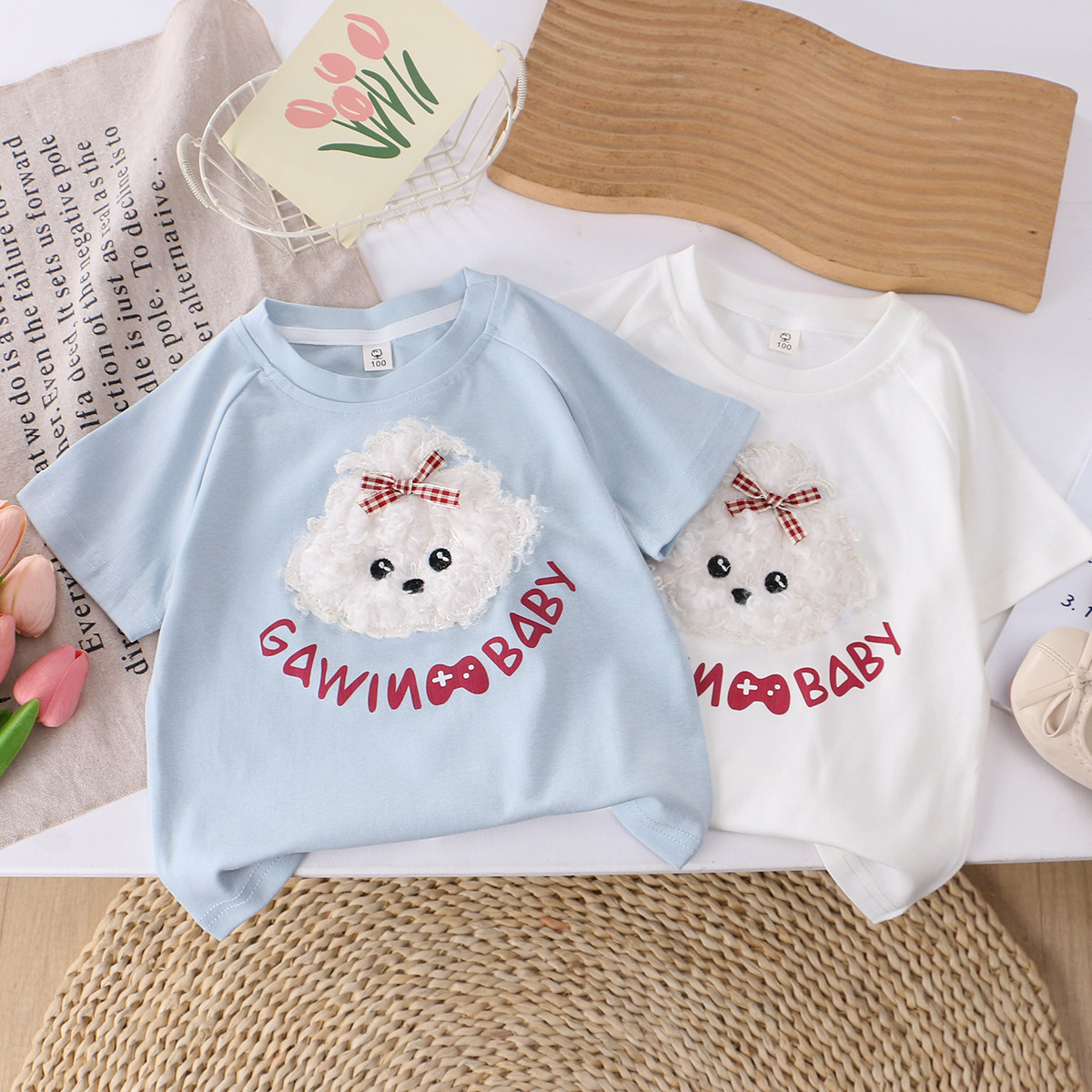 女童纯棉缝制小狗短袖t恤 26夏季童装小女孩女宝中小儿童半袖上衣