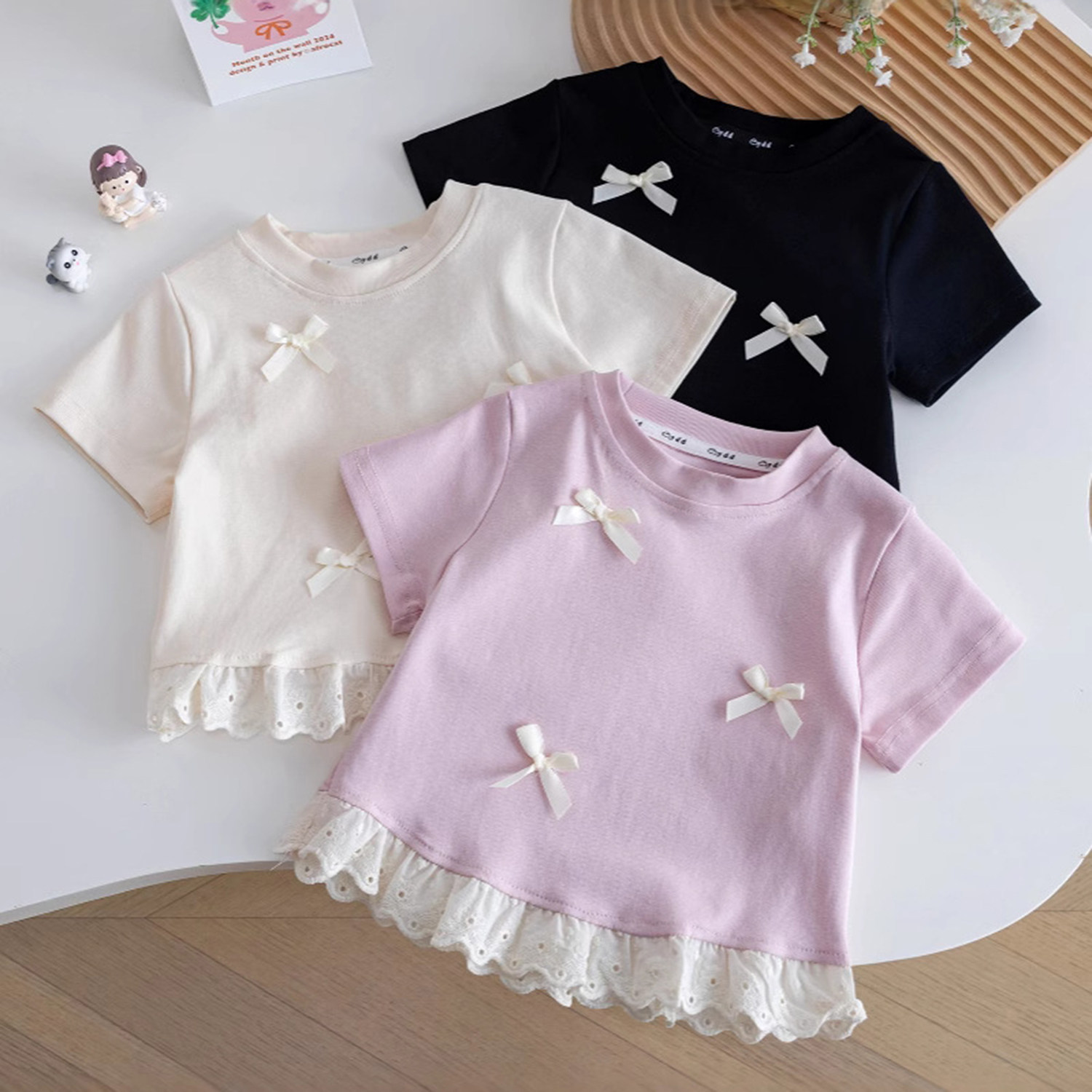 女童纯棉蕾丝花边裙衫短袖t恤 2026夏季儿童装小女孩宝宝半袖上衣