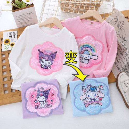 女童春秋变色亮片卡通长袖T恤