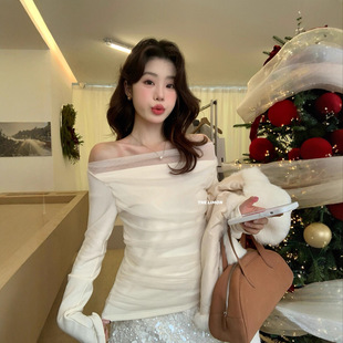 一字肩 limon柠檬绿茶秋冬韩系拼接网纱褶皱修身 Gary 宝藏the