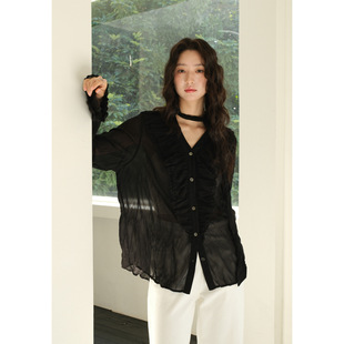 新款 gary 女春秋季 衬衫 感轻奢 宝藏neihe内赫荷叶边褶皱雪纺长袖