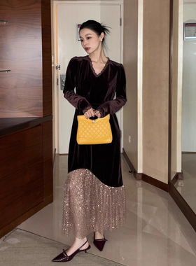 【诠释】NEWOPEN25冬法式优雅气质重工亮片晚礼服丝绒连衣裙F6873