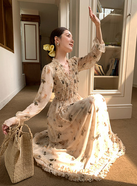 诠释美 NEWOPEN 2025春法式茶歇绝美垂感木耳边碎花连衣裙女